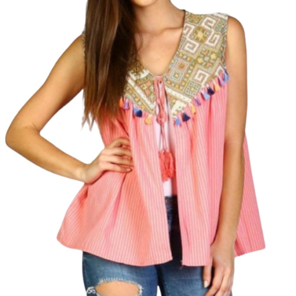 Coral Geo-Yoke Sleeveless Tie-Front Open Vest 2XL